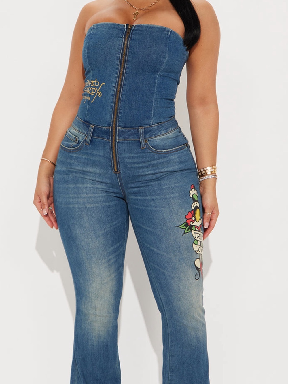 Ed Hardy Strapless Denim  Tube Jumpsuit with Floral Side Embroidery - Blue